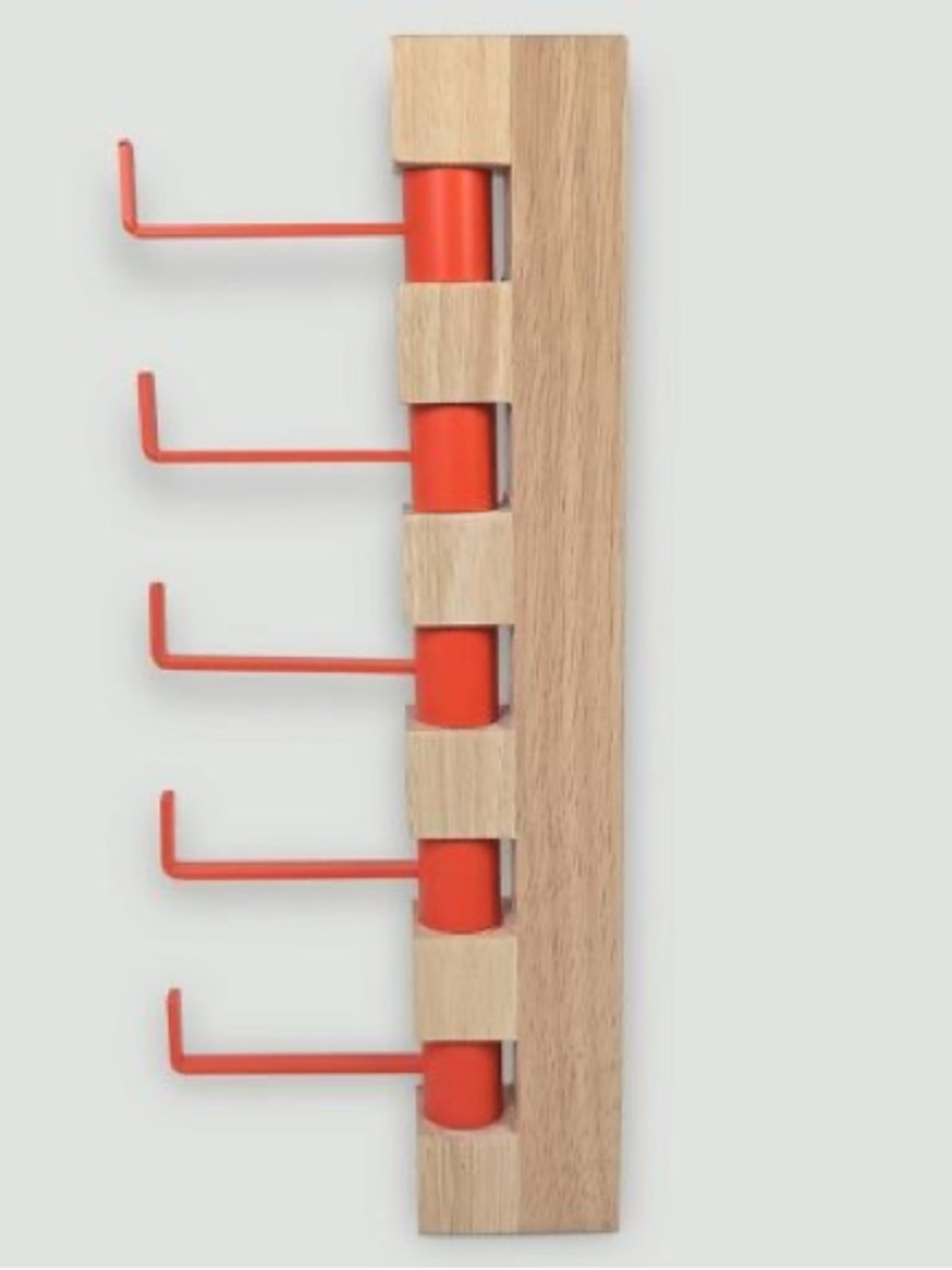 Minimalist Wood Wall Hook Rack with Red Metal Hooks